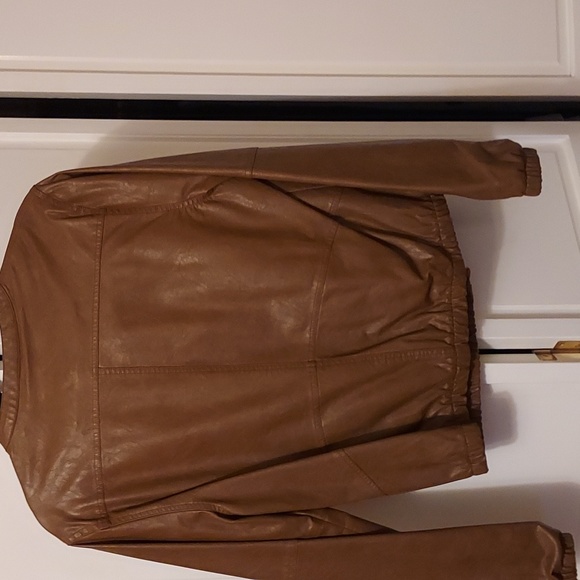 Bomber Jacket faux leather brown camel elasticized sleeves ladies size L - Picture 6 of 12